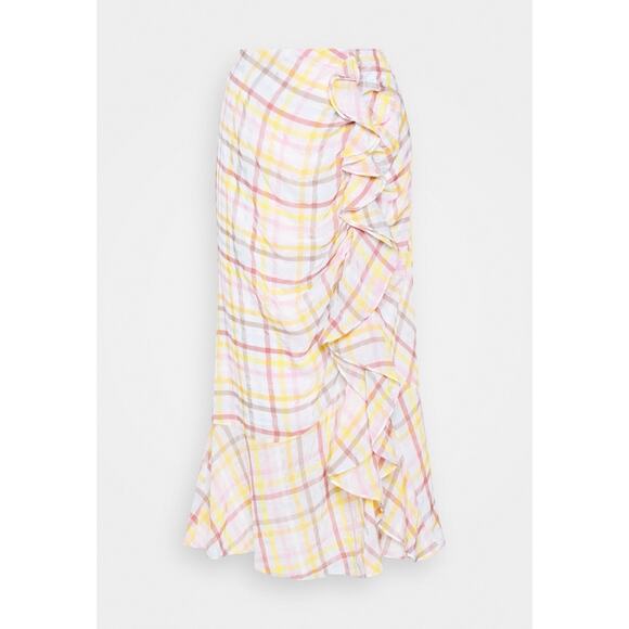 CINQ A SEPT Size 10 Patrice Plaide Ruched Ruffle Midi Skirt - Picture 4 of 7